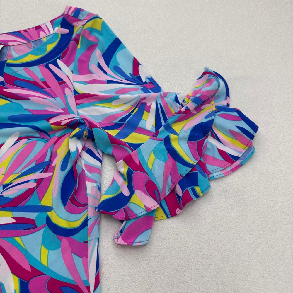 Cappagallo Cactus Rose Abstract Floral Ruffle Sleeve Shift Dress Women's Size M - Picture 5 of 10